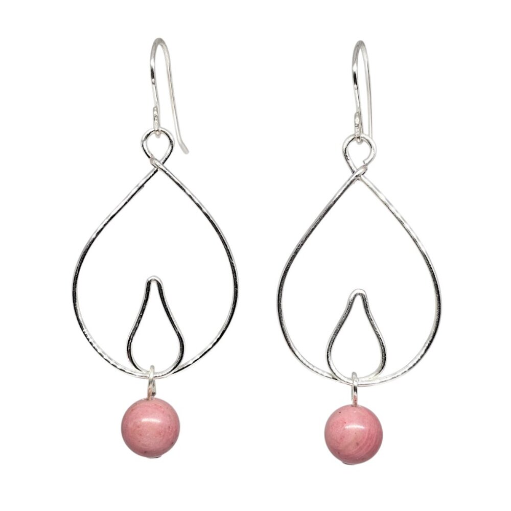 Handmade Rhodonite Pink Gemstone Teardrop Hoop Earrings Silver Tone Boho Dangle